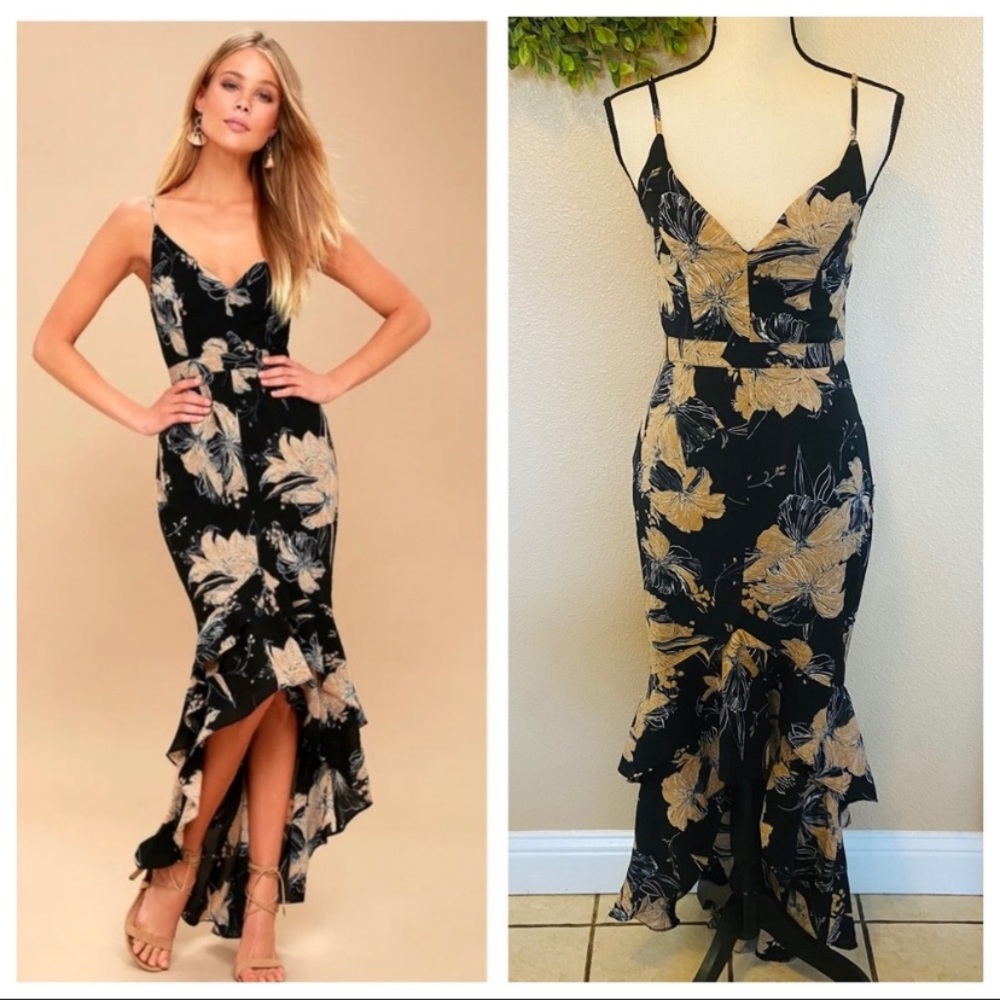 NWOT Lulus Darling Daylily Black Floral Print High-Low Maxi Dress
